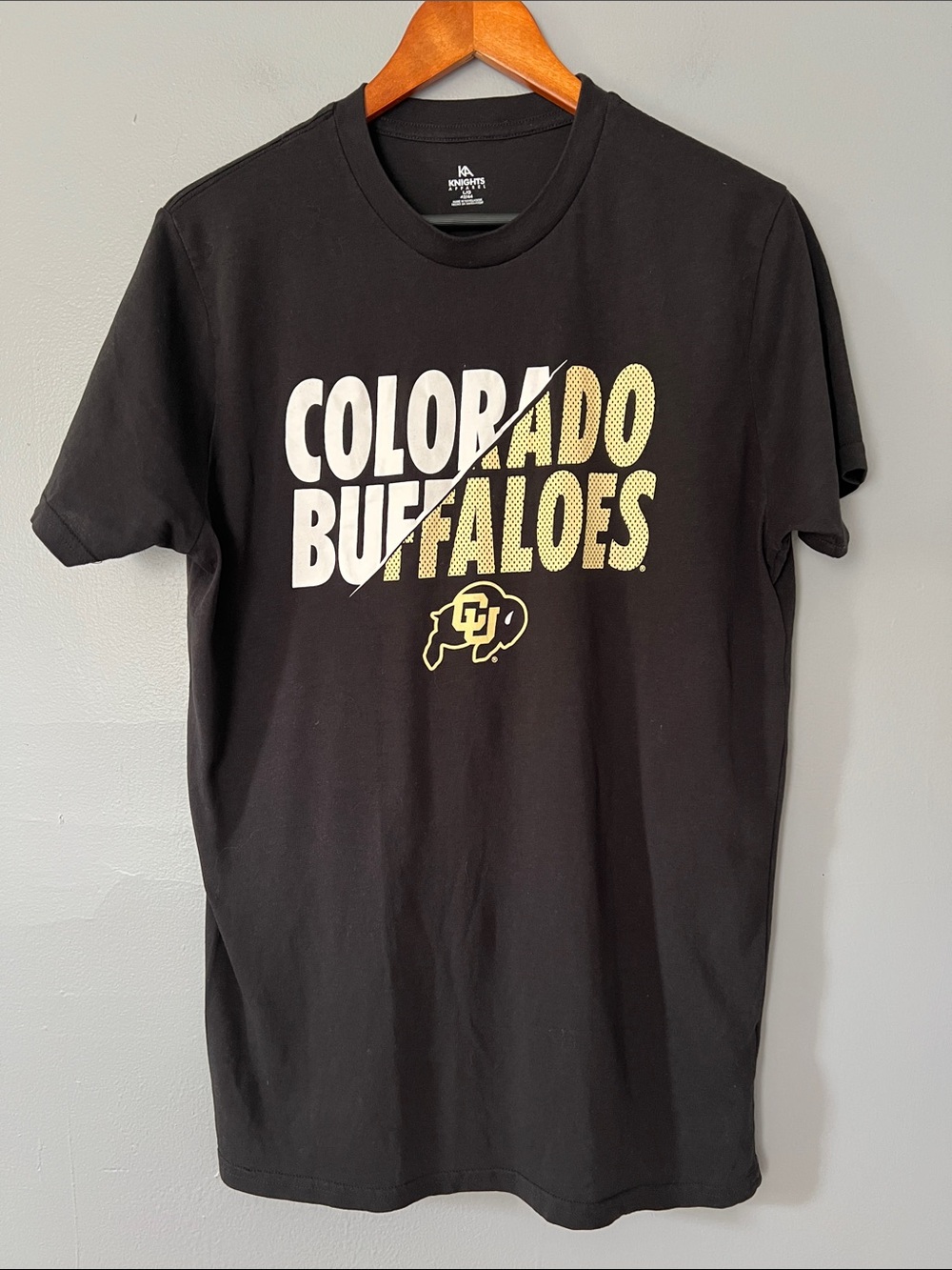Knights Apparel Black Colorado Buffaloes Tee with Gold and White Graphic